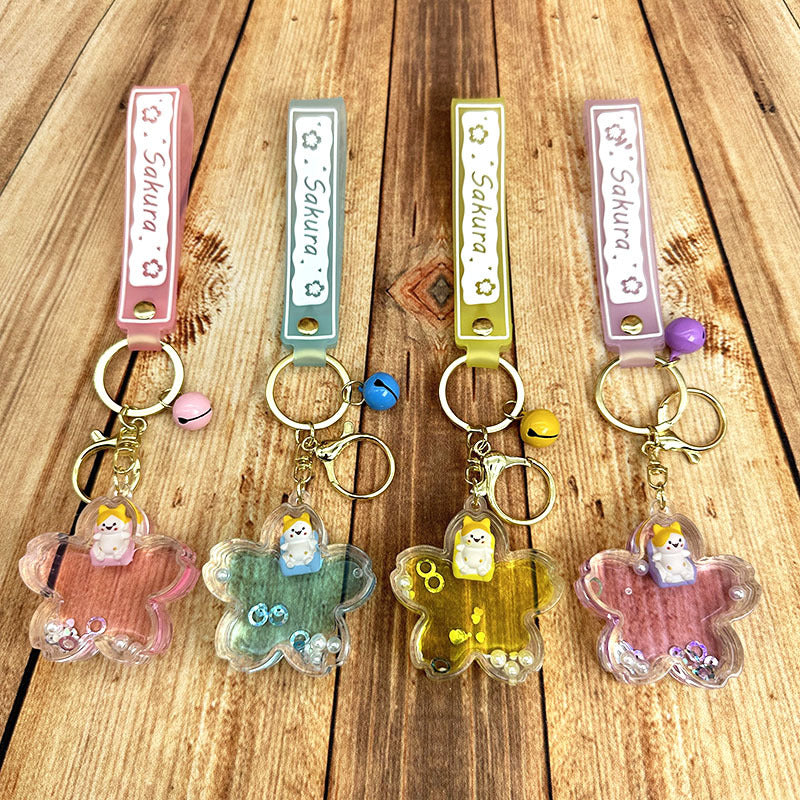 Wholesale Acrylic Oil In Cherry Blossom Cat Floating Bottle Keychain